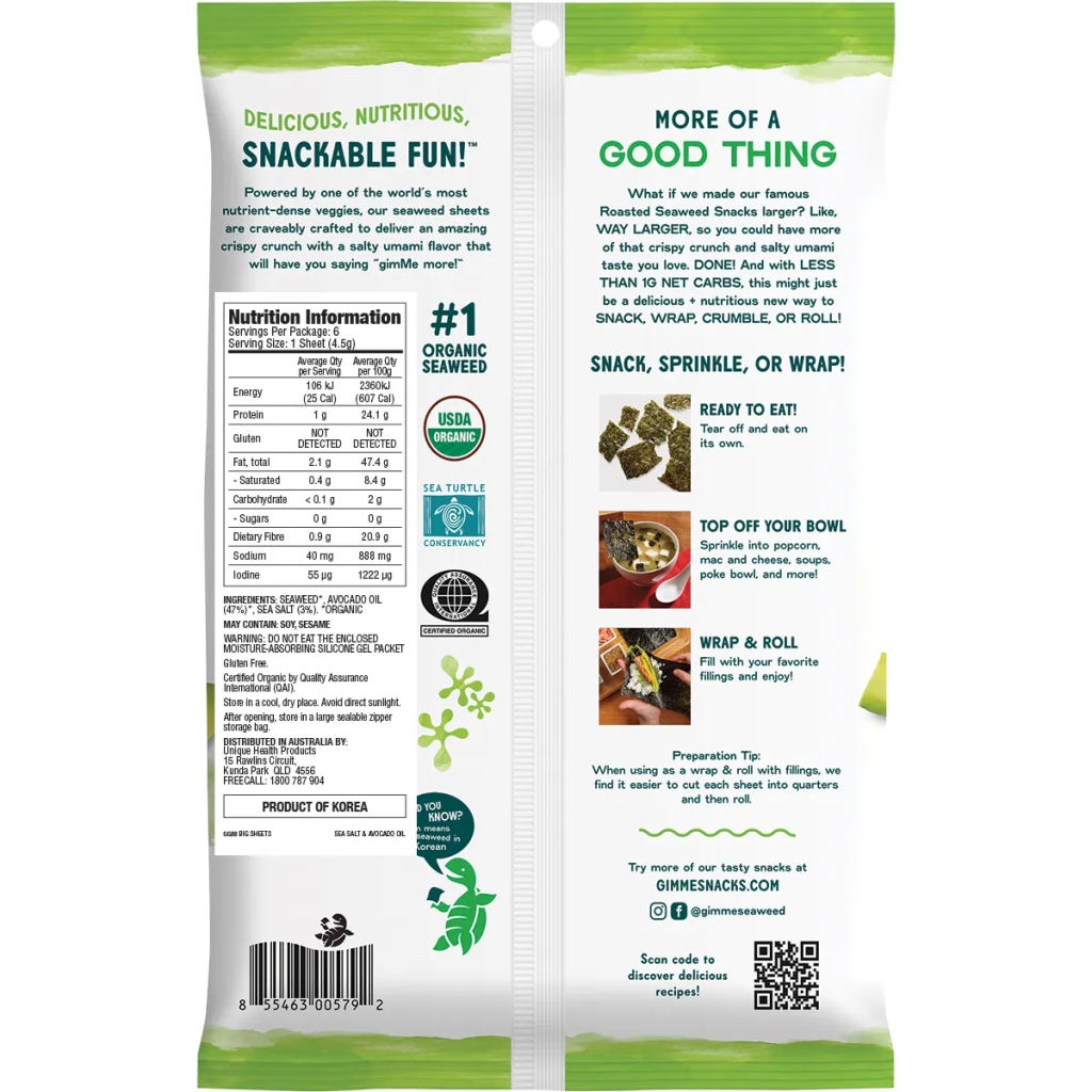 Gimme - Roasted Seaweed Big Sheets Sea Salt & Avocado Oil 26g