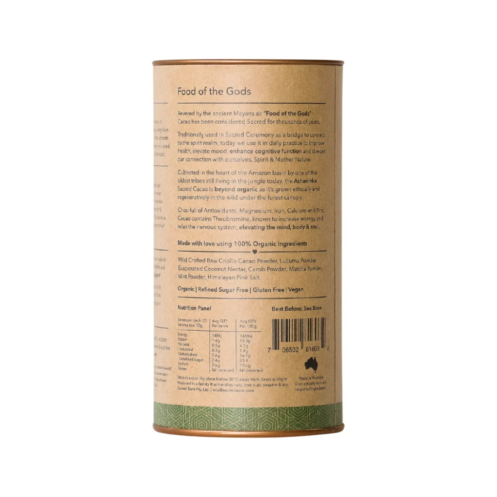 Sacred Taste - Organic Drinking Cacao (Matcha Mint Cacao) Vitality 250g
