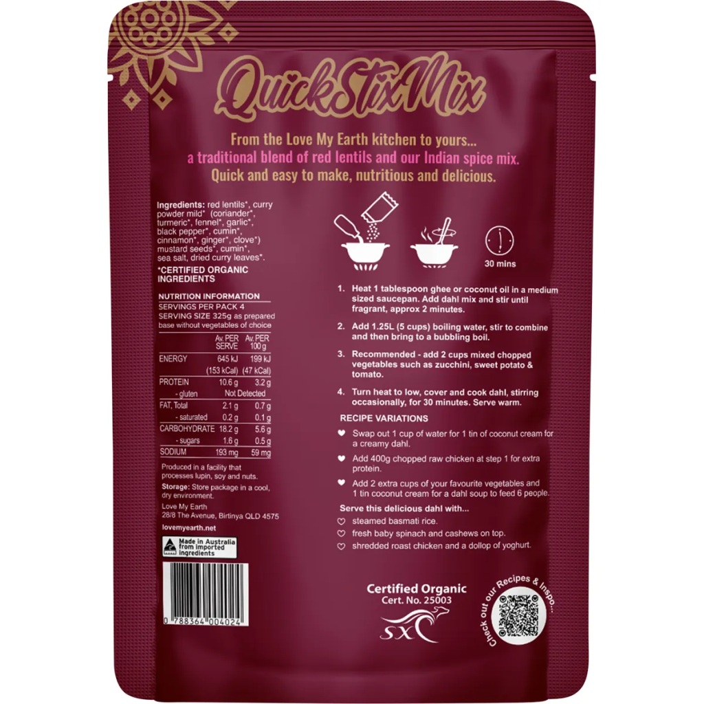 Love My Earth - Quick Stix Mix Organic Dahl Indian Masala 200g