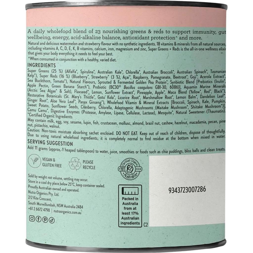 Nutra Organics - Super Greens + Reds Watermelon Strawberry 300g