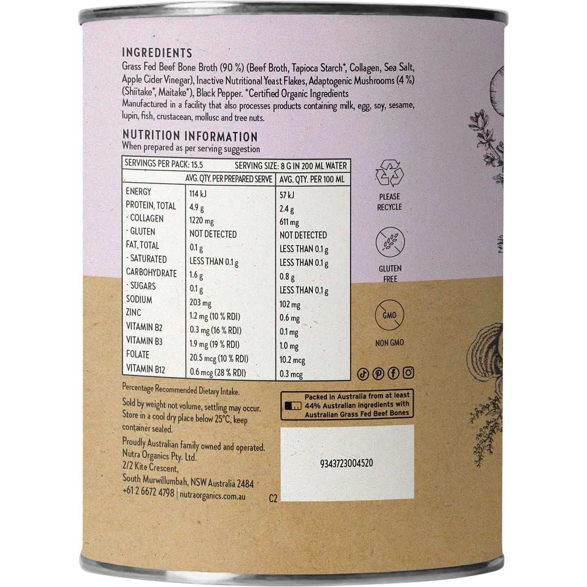 Nutra Organics - Bone Broth Beef Adaptogenic Mushroom 125g