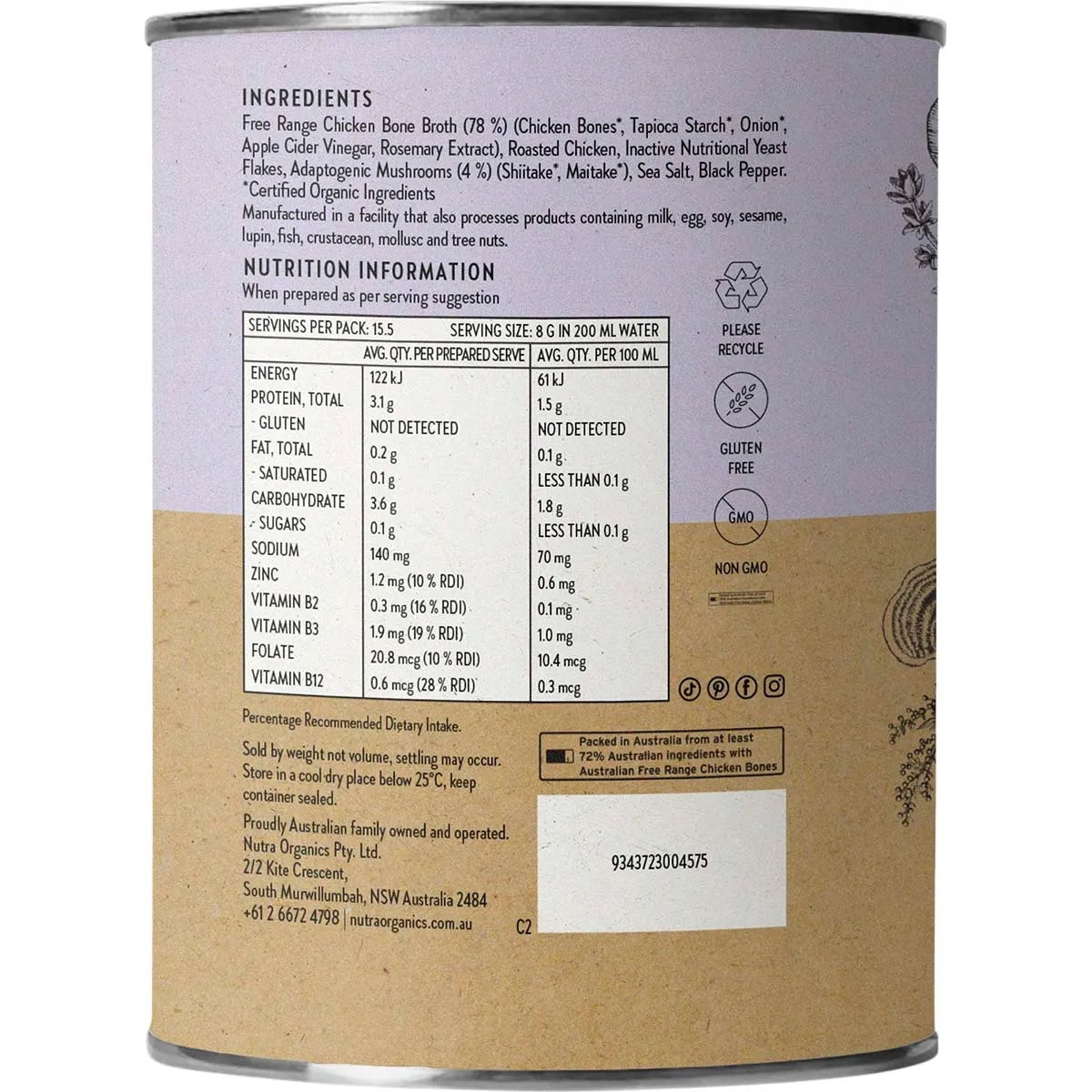 Nutra Organics - Bone Broth Chicken Adaptogenic Mushrooms 125g