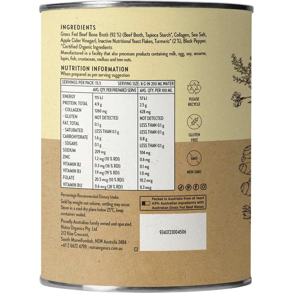 Nutra Organics - Beef Bone Broth Turmeric 125g