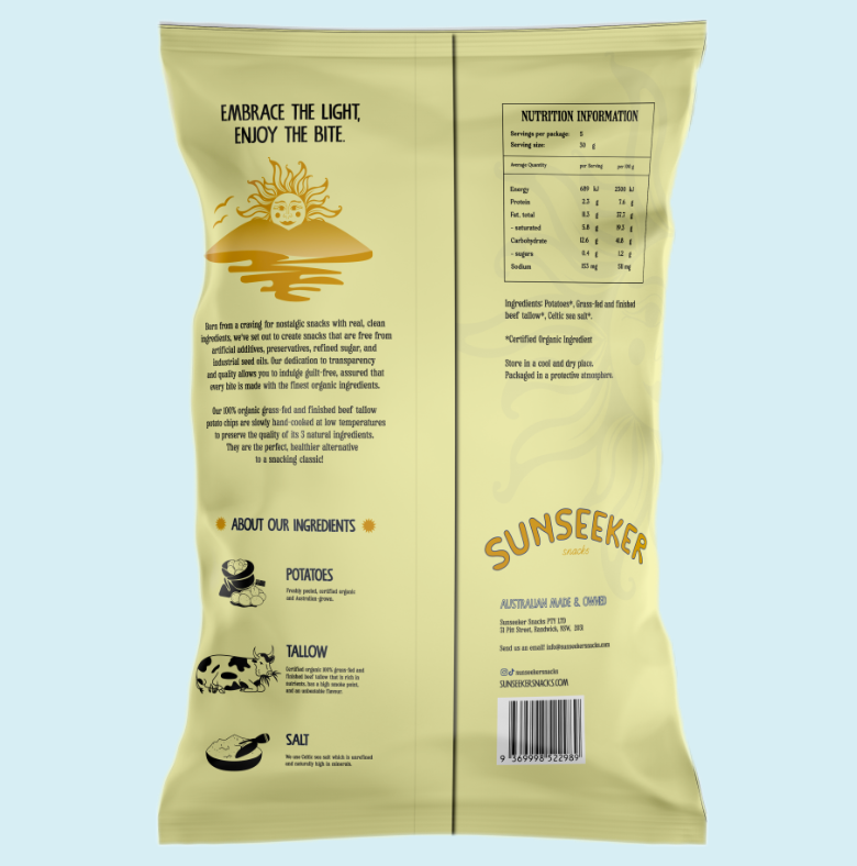 Sunseeker Snacks - Beef Tallow Potato Chips sprinkled with Celtic Sea Salt 140g