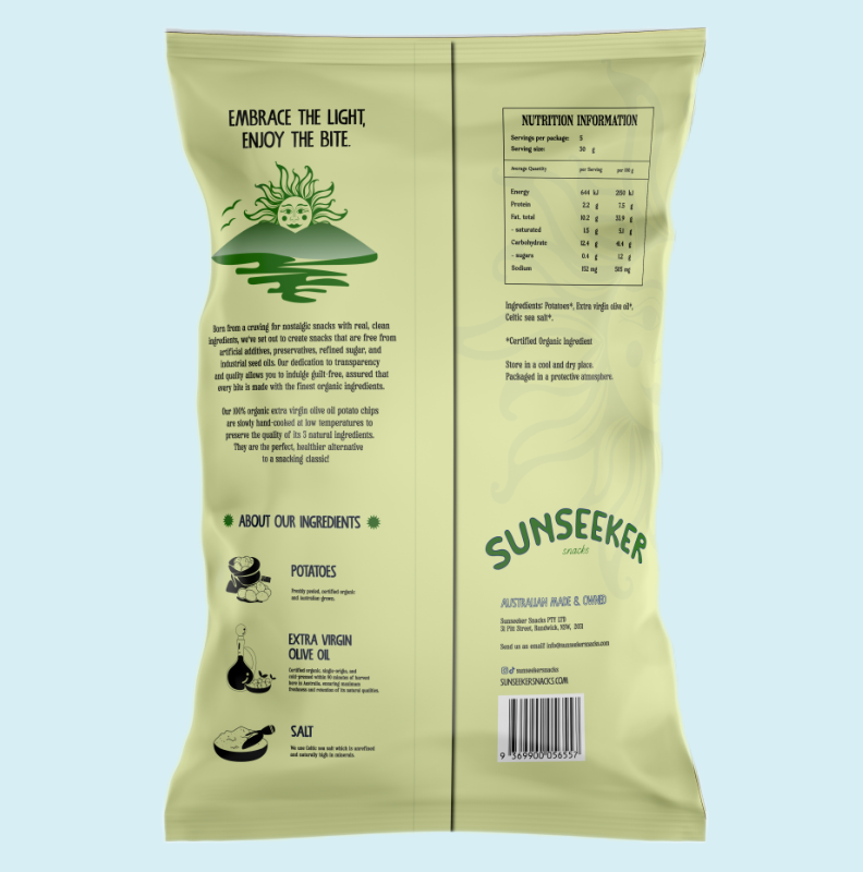 Sunseeker Snacks - Organic Extra Virgin Olive Oil Potato Chips sprinkled with Celtic Sea Salt 140g