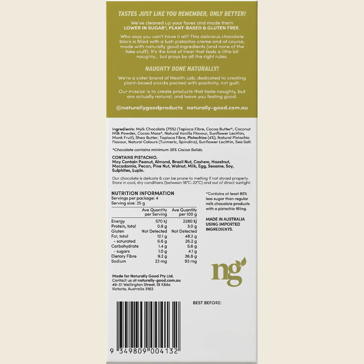 Naturally Good - Filled Chocolate Block Pistachio Creme 100g