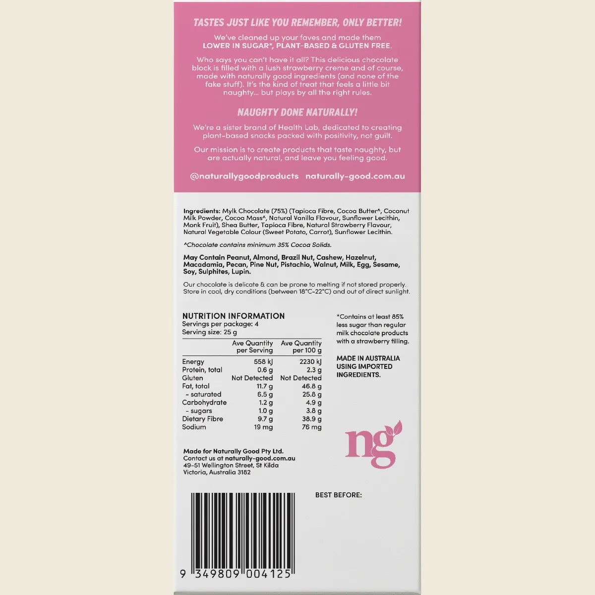 Naturally Good - Filled Chocolate Block Strawberry Creme 100g