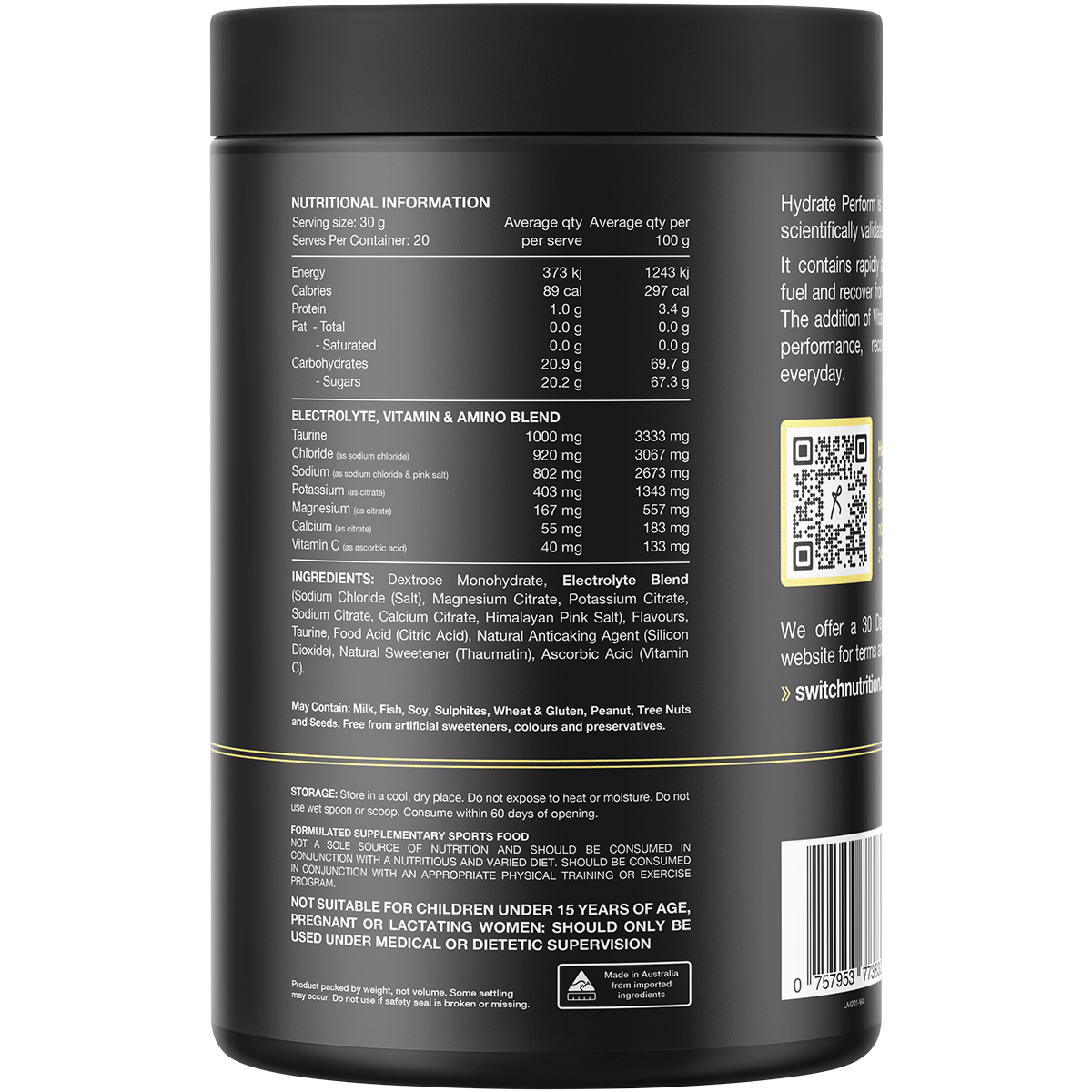 Switch Nutrition - Hydrate+ Electrolytes & Carbohydrate Lemon Lime 600g