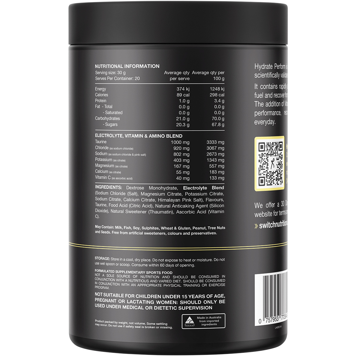 Switch Nutrition - Hydrate+ Electrolytes & Carbohydrate Kiwi Watermelon 600g