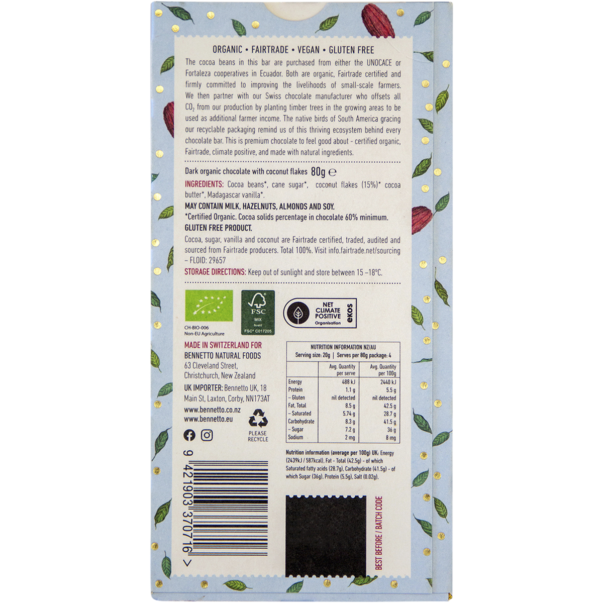 Bennetto - Organic Dark Chocolate Coconut Flakes 80g
