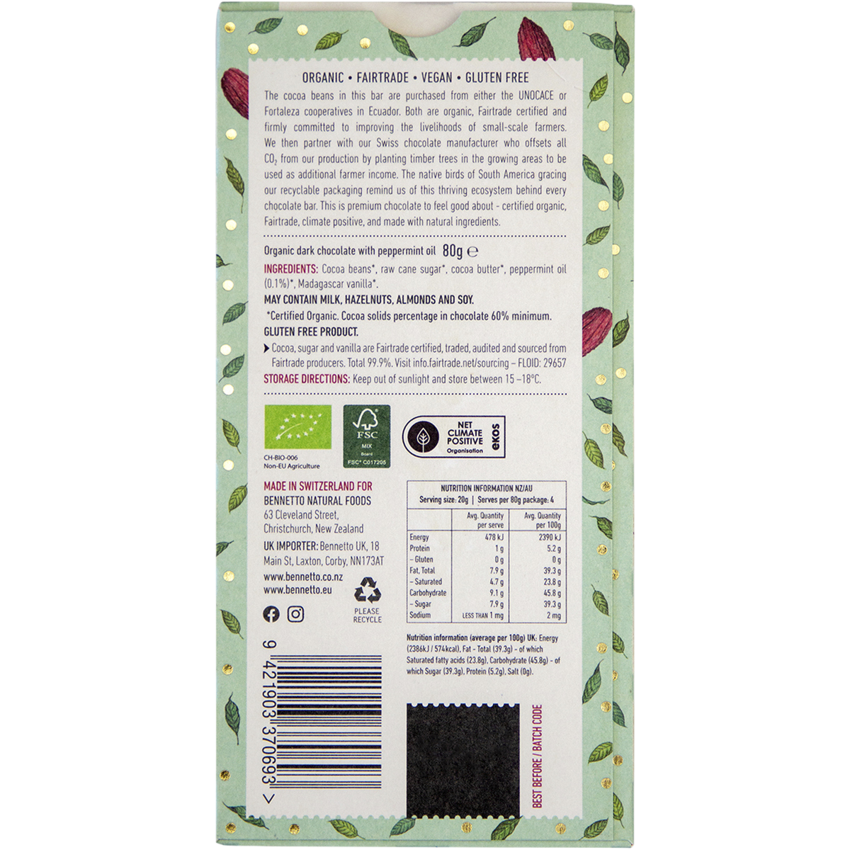 Bennetto - Organic Dark Chocolate Dark Mint 80g