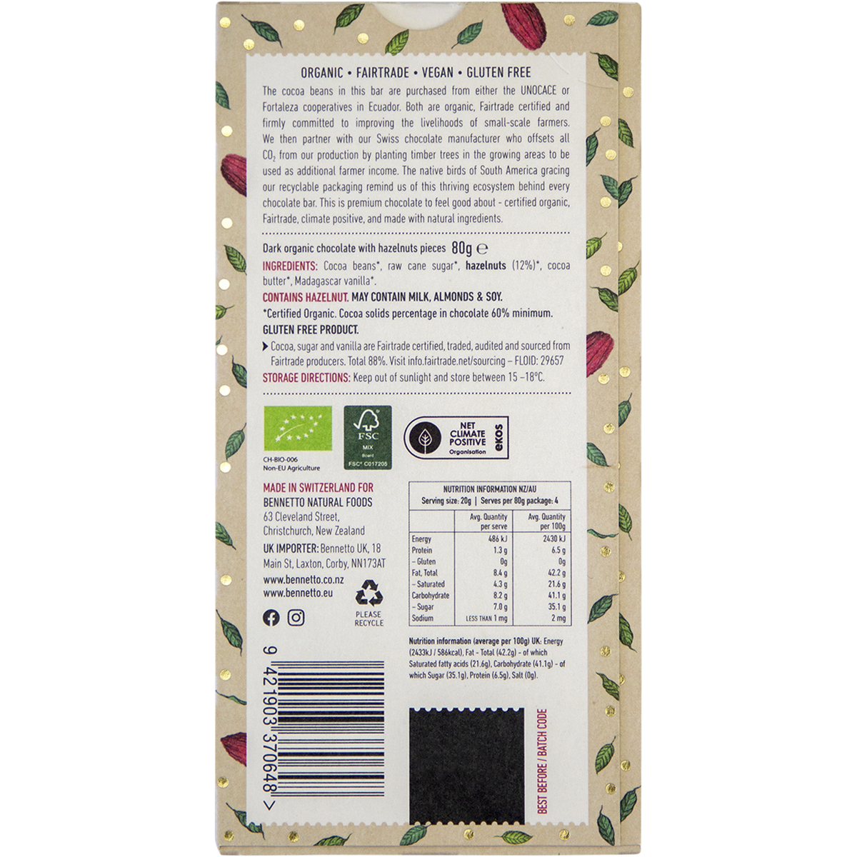 Bennetto - Organic Dark Chocolate Toasted Hazelnut 80g