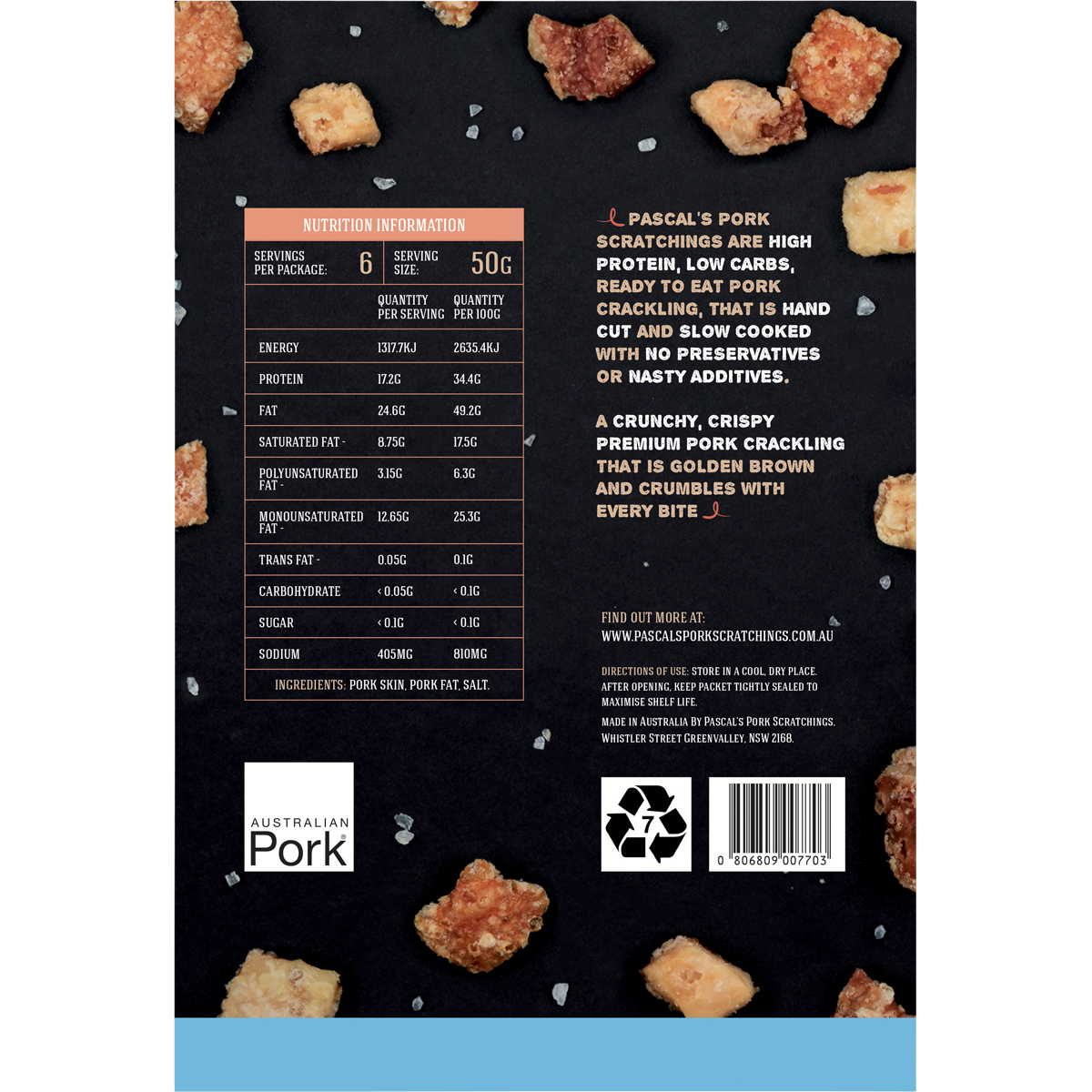 Pascal's Pork Scratchings - Slow Cooked Crackling Sea Salt 300g