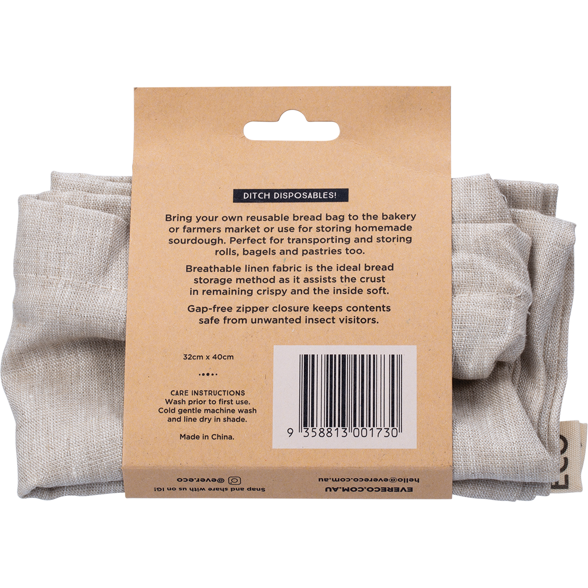 Ever Eco - Reusable Linen Bread Bag Zipper Closure 32x40cm 32cm