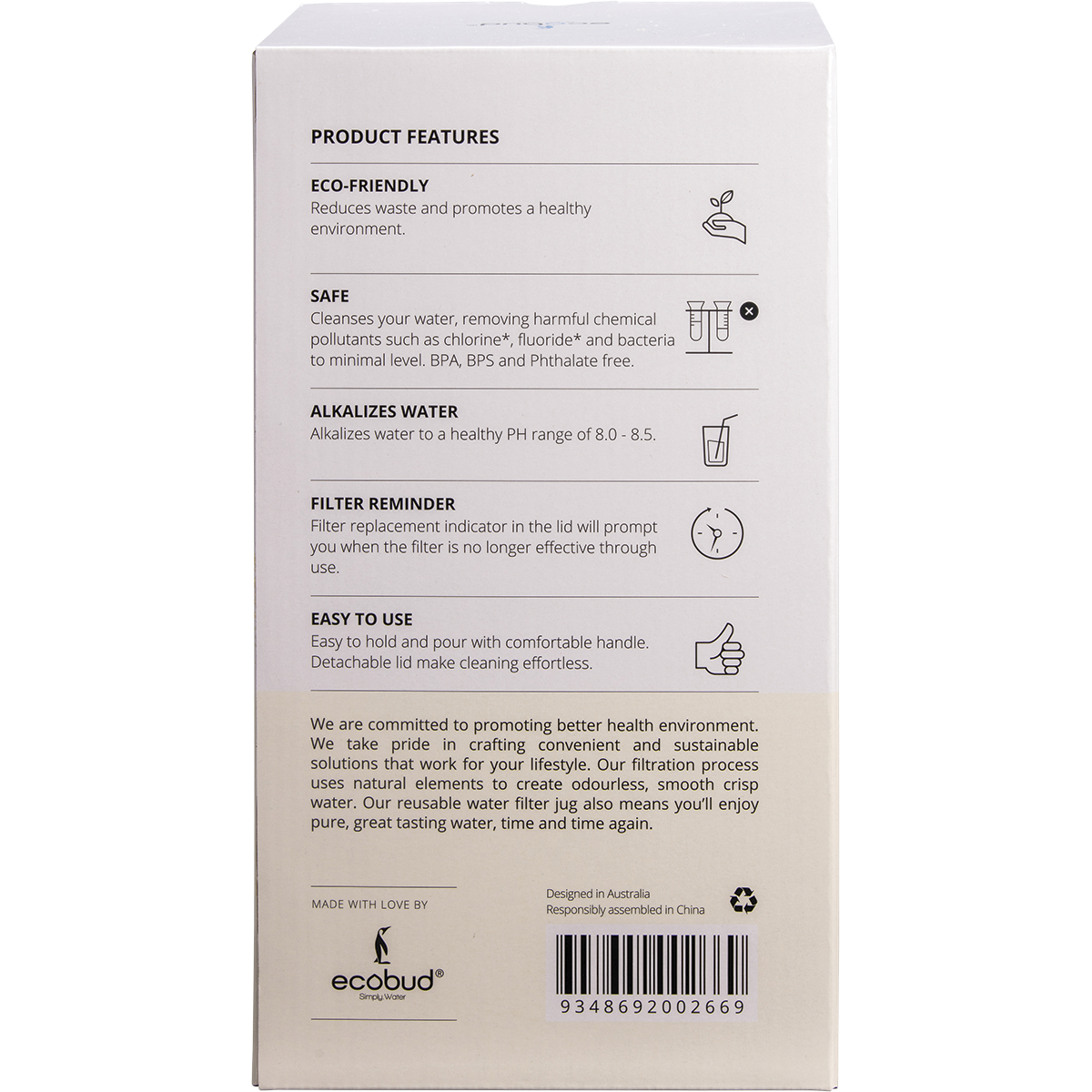 Ecobud - Gentoo Plastic Water Filter Jug White 1.5lt