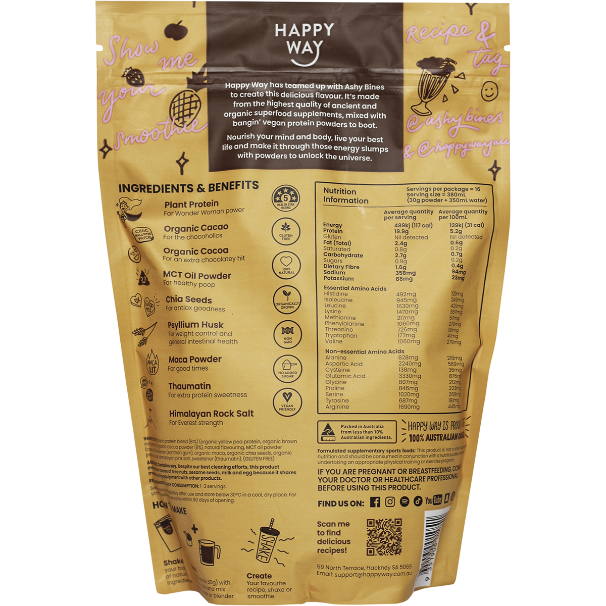 Happy Way - Ashy Bines Vegan Protein Powder Choc Caramel 500g