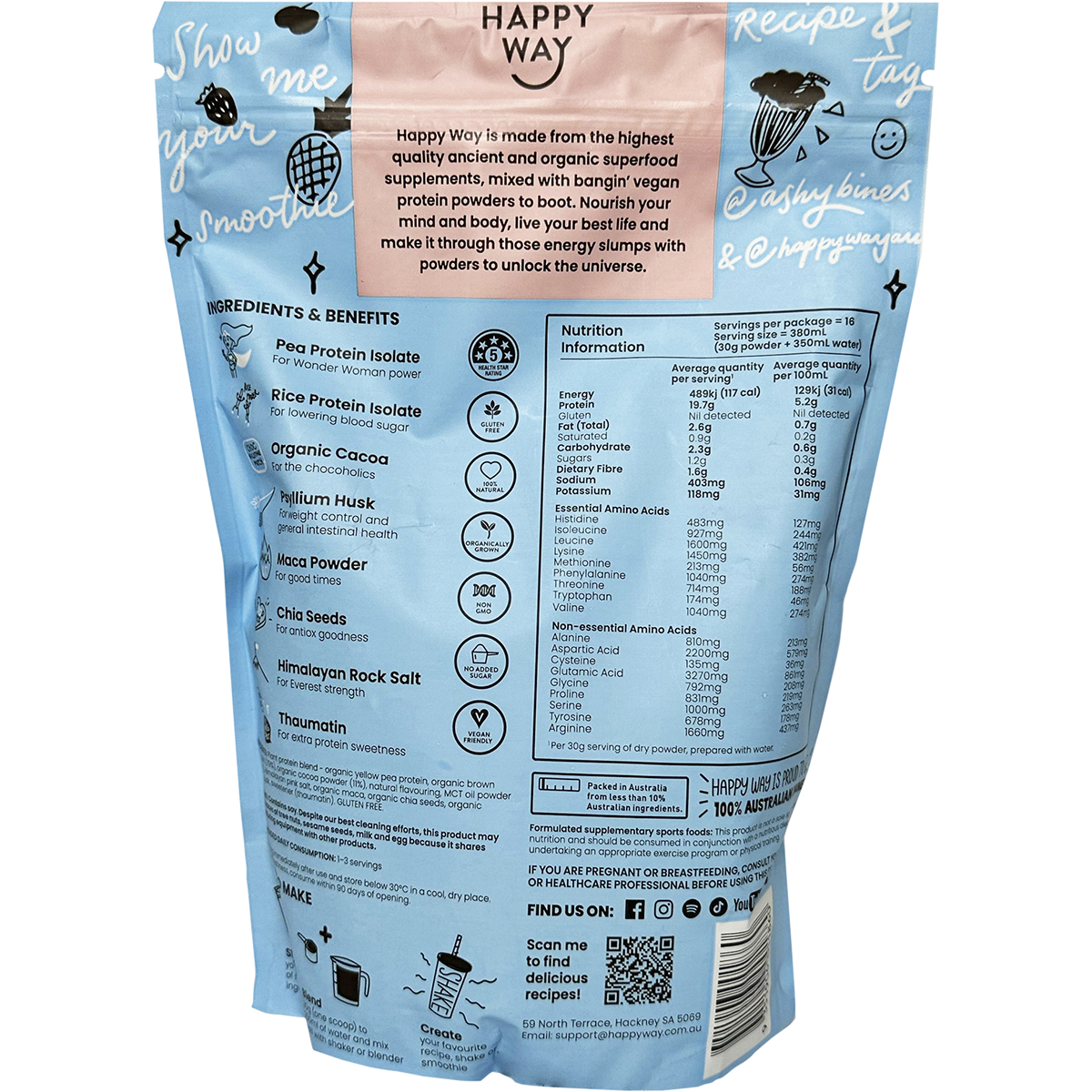 Happy Way - Ashy Bines Vegan Protein Powder Choc Coconut 500g