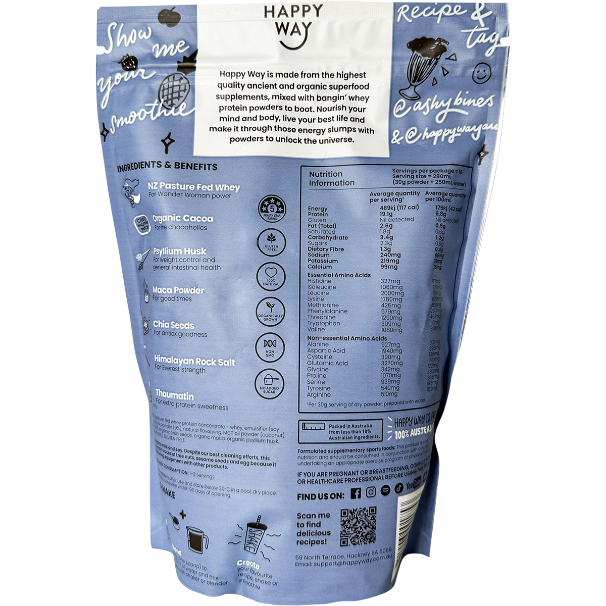 Happy Way - Ashy Bines Whey Protein Powder Choc Coconut 500g