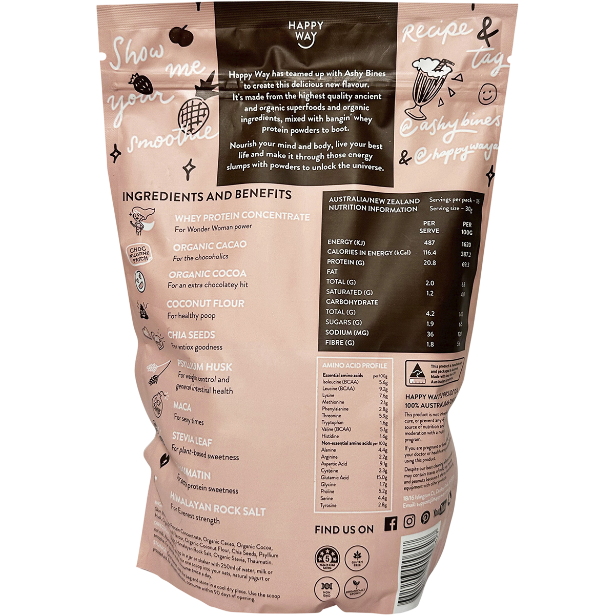 Happy Way - Ashy Bines Whey Protein Powder Triple Choc Fudge 500g