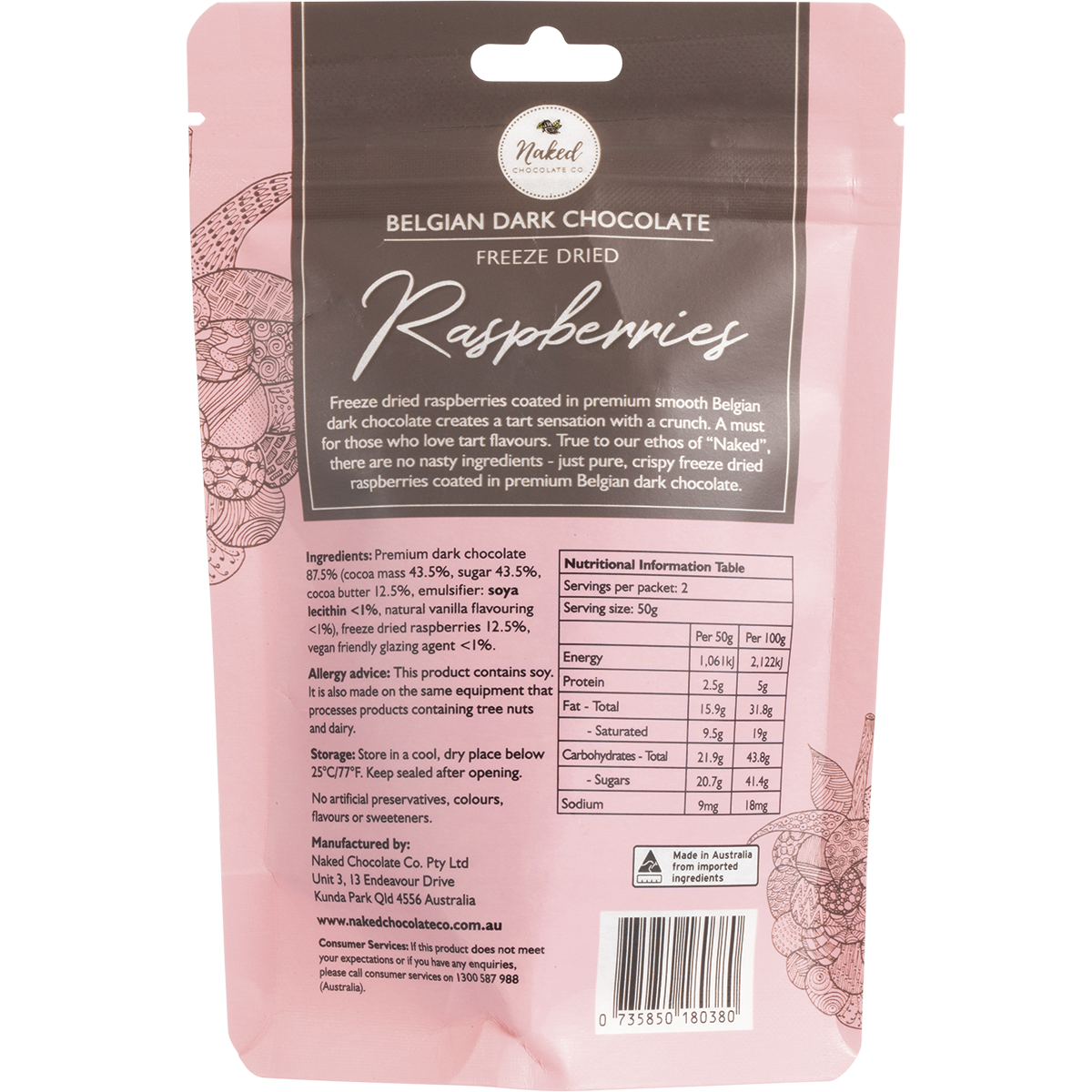 Naked Chocolate Co - Freeze Dried Raspberries Dark Chocolate 100g