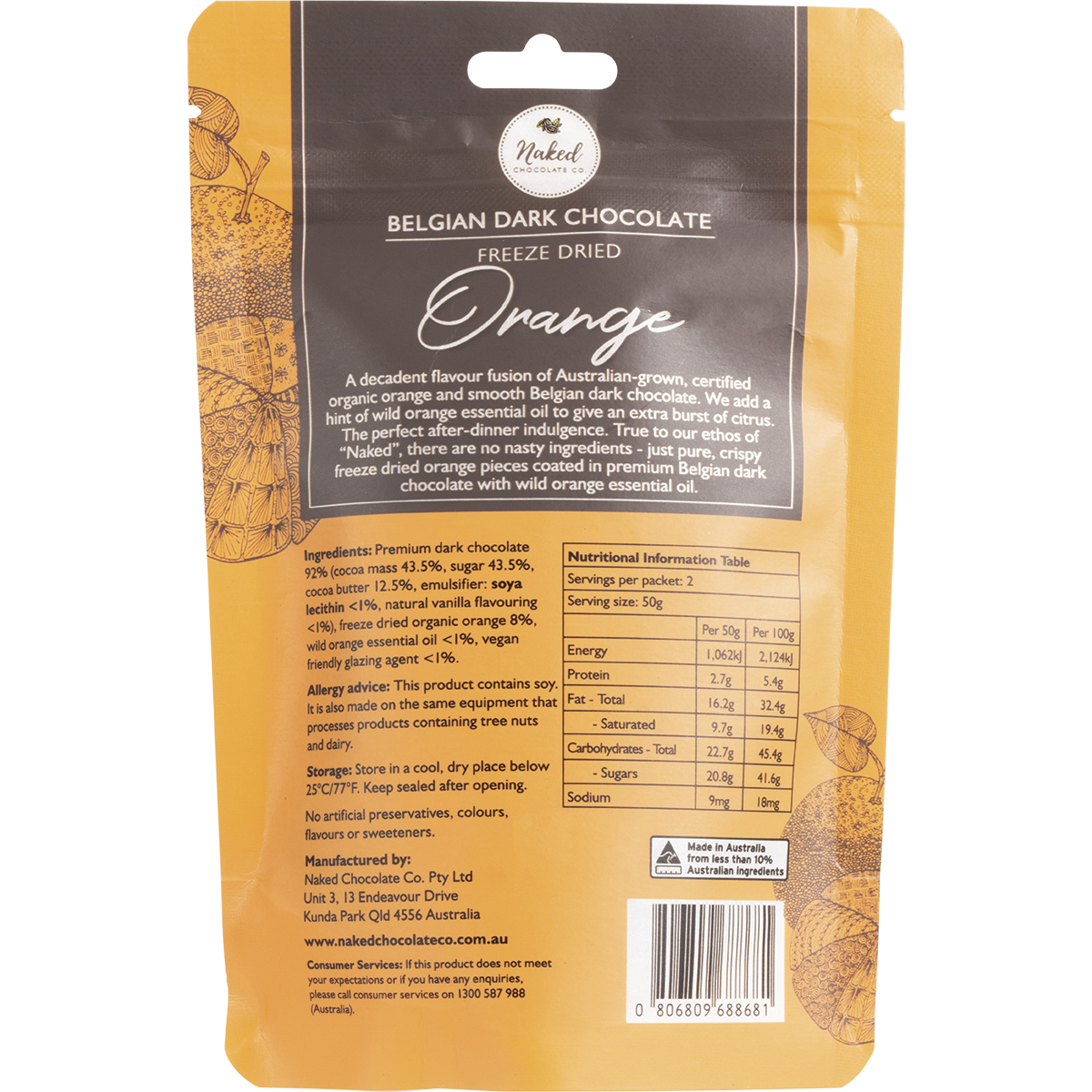 Naked Chocolate Co - Freeze Dried Orange Dark Chocolate 100g