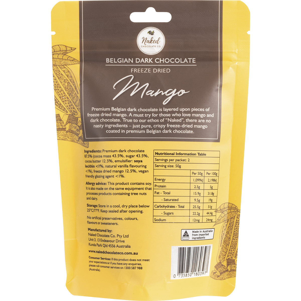 Naked Chocolate Co - Freeze Dried Mango Dark Chocolate 100g