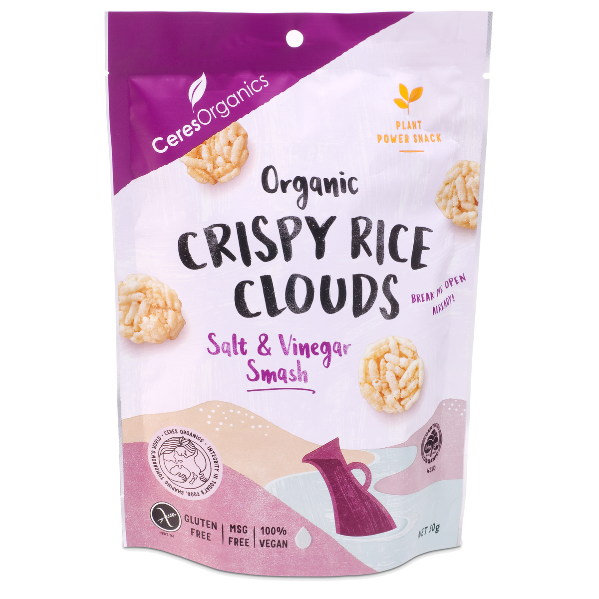 Ceres Organics - Organic Crispy Rice Clouds, Salt & Vinegar Smash 50g