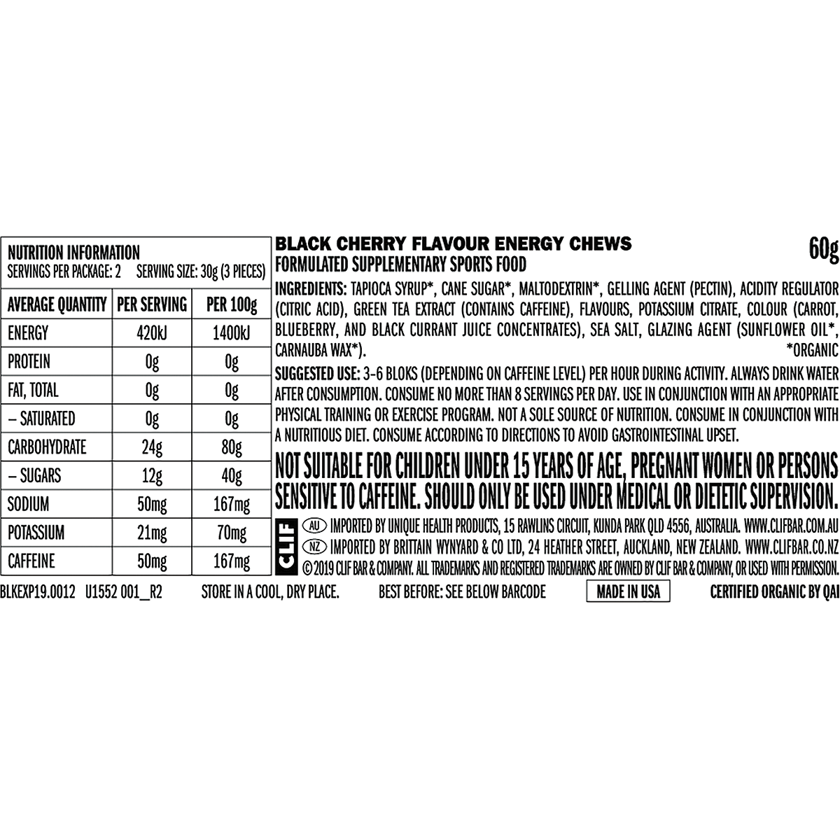 CLIF - Bloks Energy Chews Black Cherry 50mg Caffeine 60g