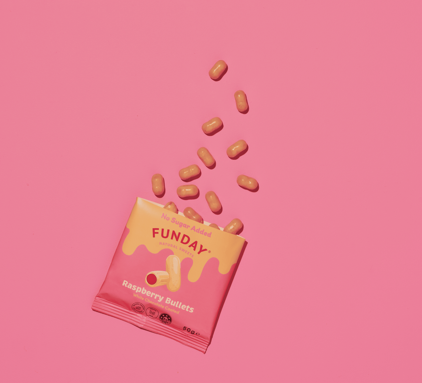 Funday Natural Sweets - White Chocolate Raspberry Bullets 50g