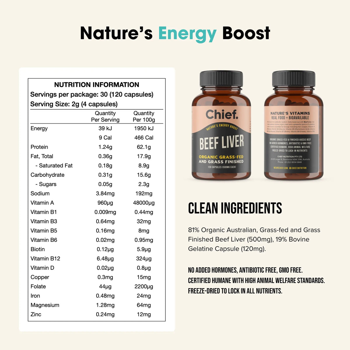 Chief Nutrition - Organic Beef Liver 120 Capsules
