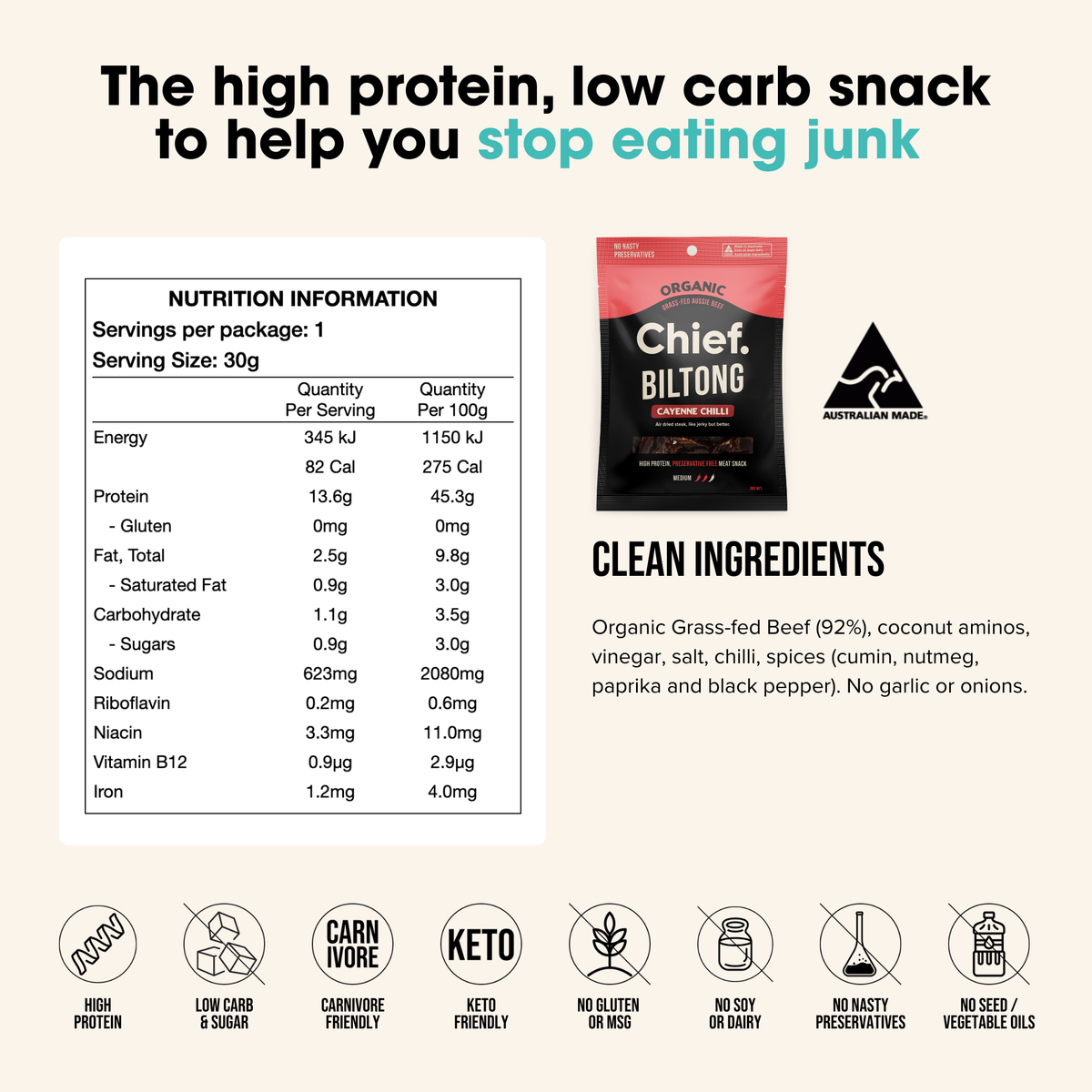 Chief Nutrition - Grass Fed Biltong - Beef & Chilli 30g
