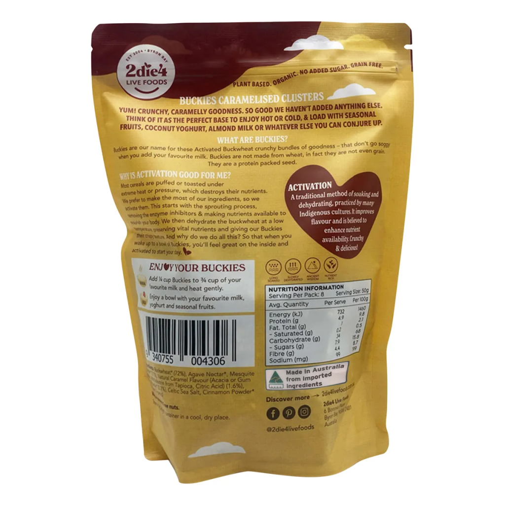 2die4 Live Foods - Organic Activated Buckies Caramelised Clusters 400g