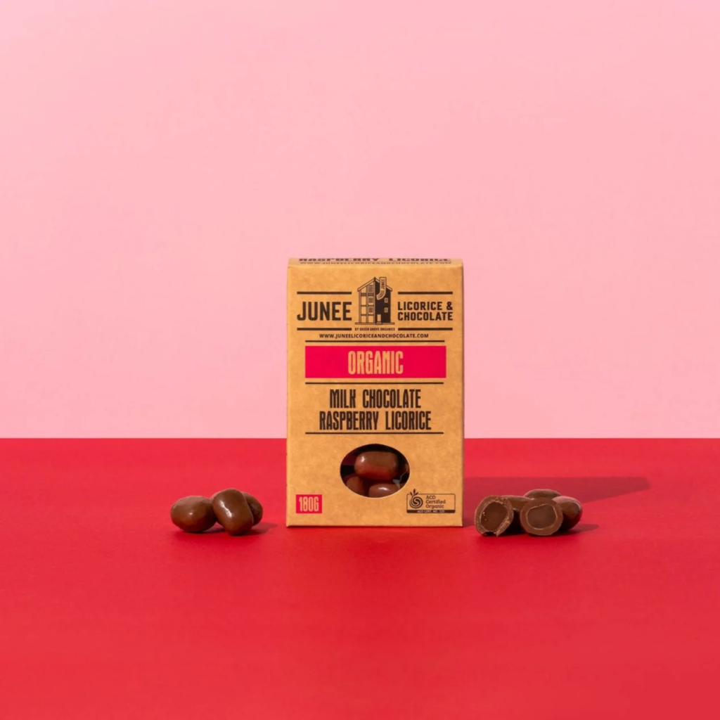 Junee - Dark Chocolate Coated Raspberry Licorice 180g