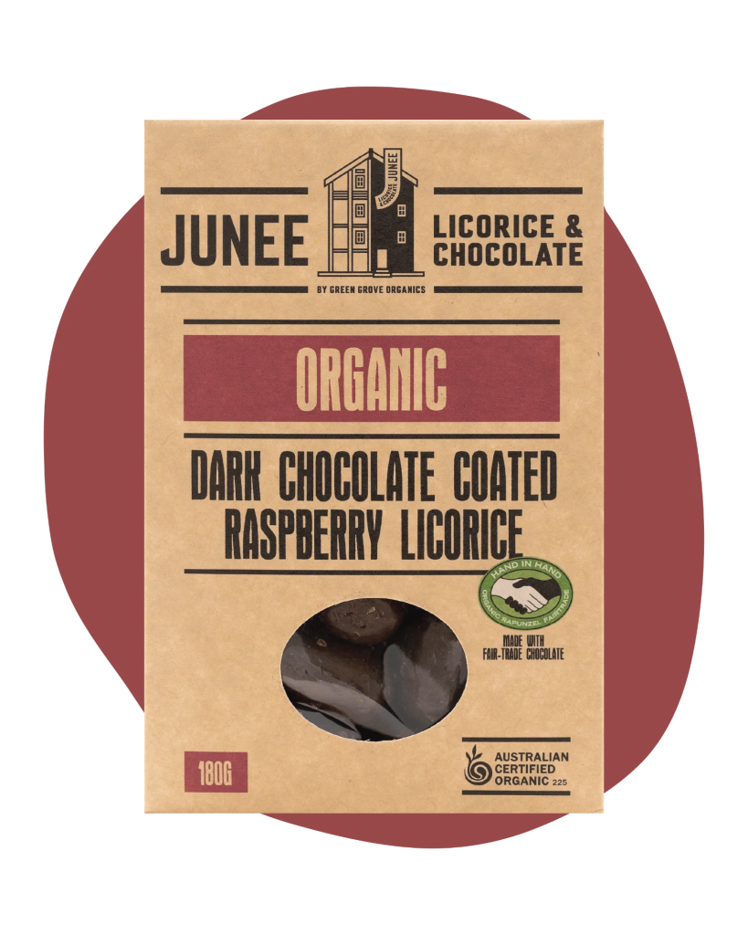 Junee - Dark Chocolate Coated Raspberry Licorice 180g