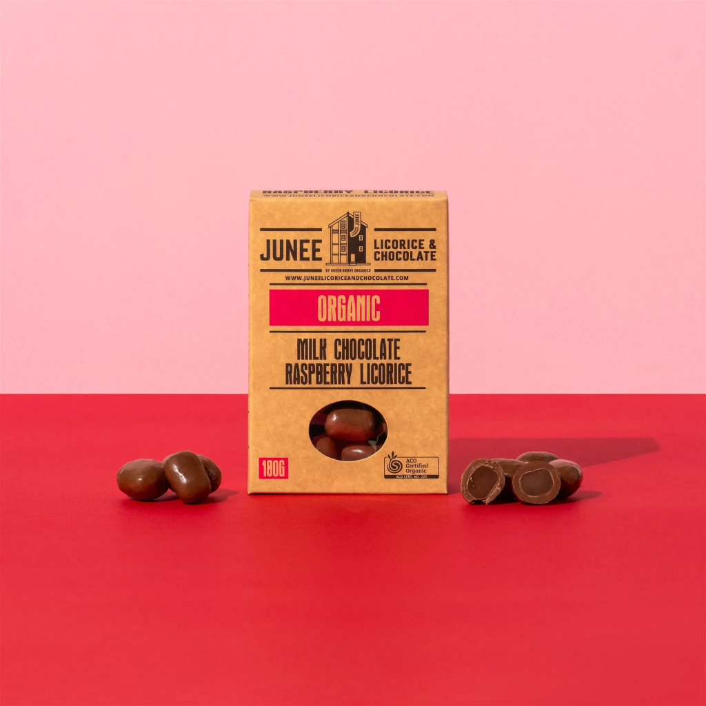 Junee - Milk Chocolate Coated Raspberry Licorice 180g