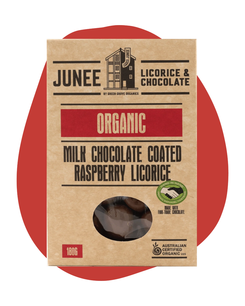 Junee - Milk Chocolate Coated Raspberry Licorice 180g