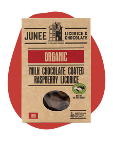 Junee - Milk Chocolate Coated Raspberry Licorice 180g