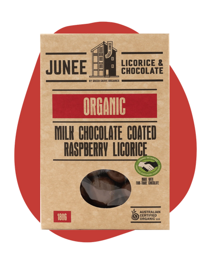 Junee - Milk Chocolate Coated Raspberry Licorice 180g