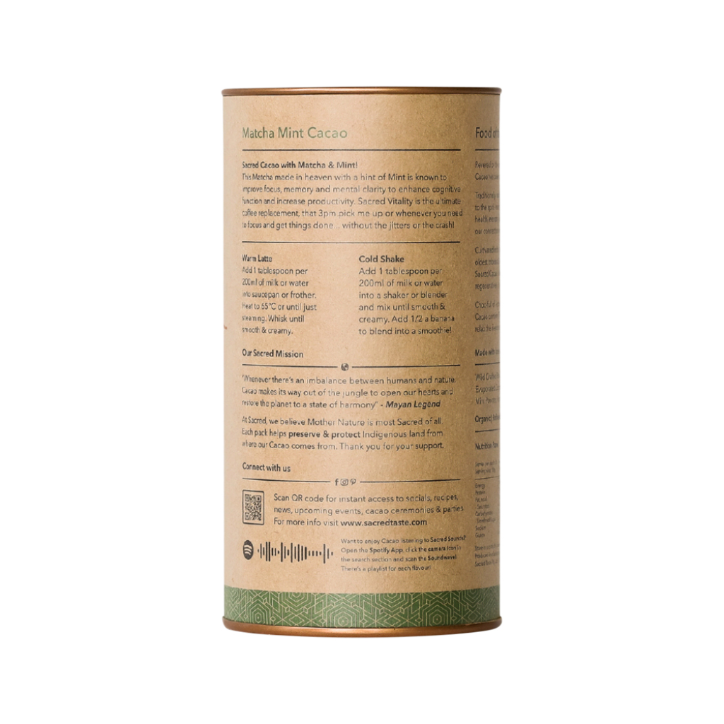 Sacred Taste - Organic Drinking Cacao (Matcha Mint Cacao) Vitality 250g