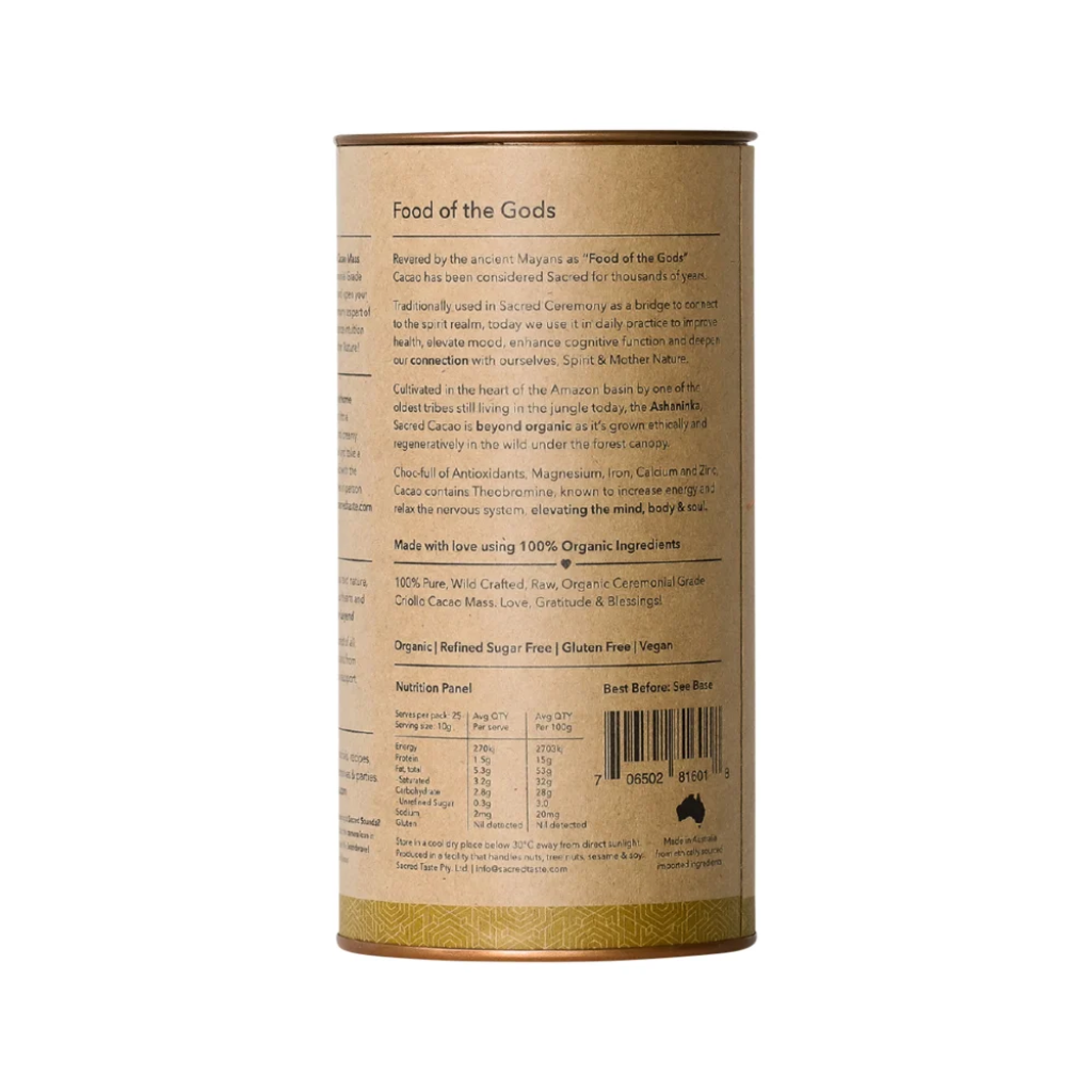 Sacred Taste - Organic Drinking Cacao (Ceremonial Grade Cacao) Ceremony 250g