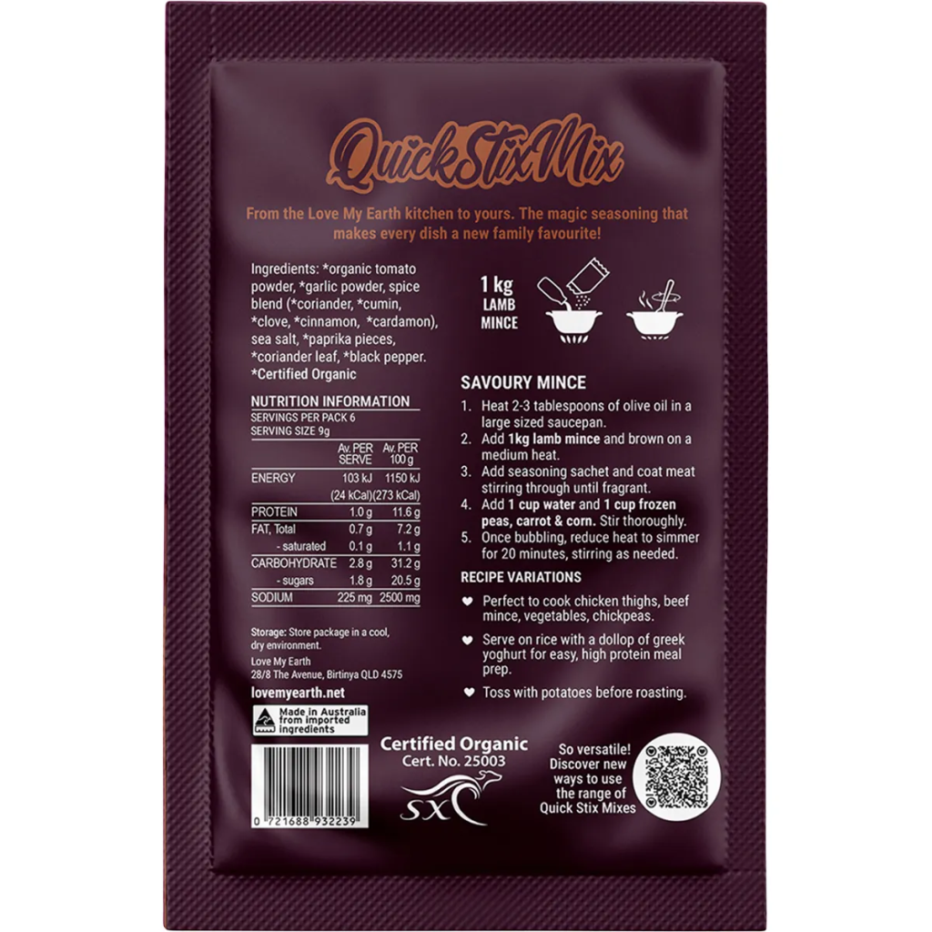 Love My Earth - Quick Stix Mix Organic Recipe Base Savoury Mince 55g