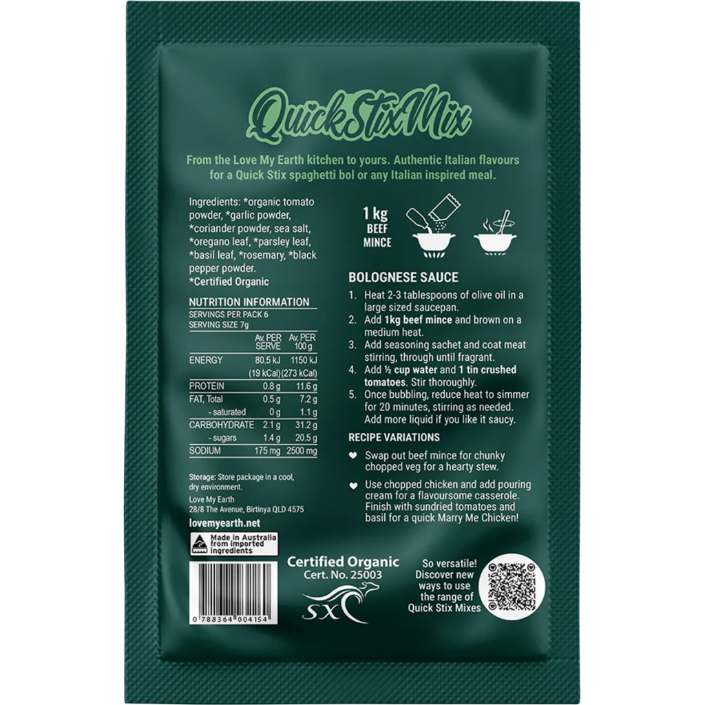 Love My Earth - Quick Stix Mix Organic Recipe Base Bolognese 45g
