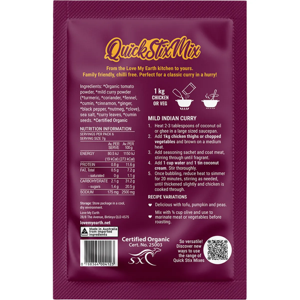 Love My Earth - Quick Stix Mix Organic Recipe Base Mild Indian Curry 45g