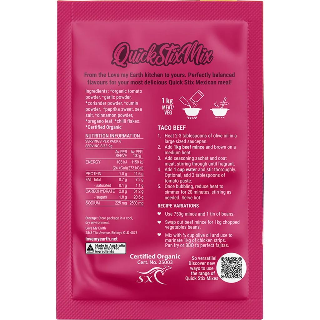 Love My Earth - Quick Stix Mix Organic Recipe Base Taco 55g