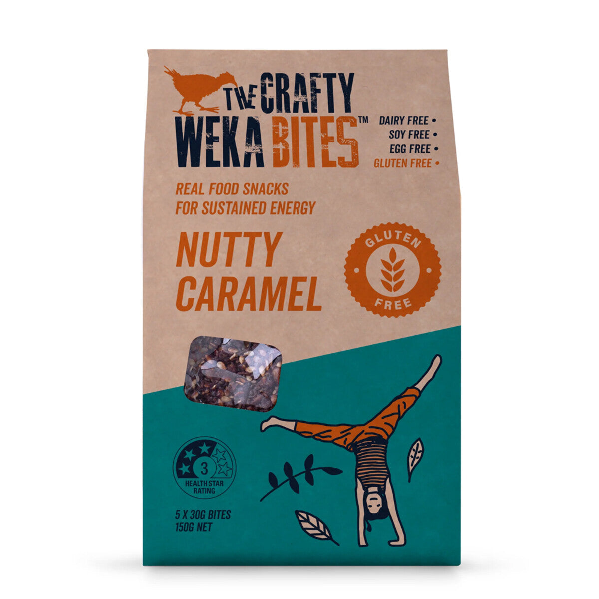 The Crafty Weka - Nutty Caramel Pouch - Gluten Free 5x 30g bite-sized bars 150g