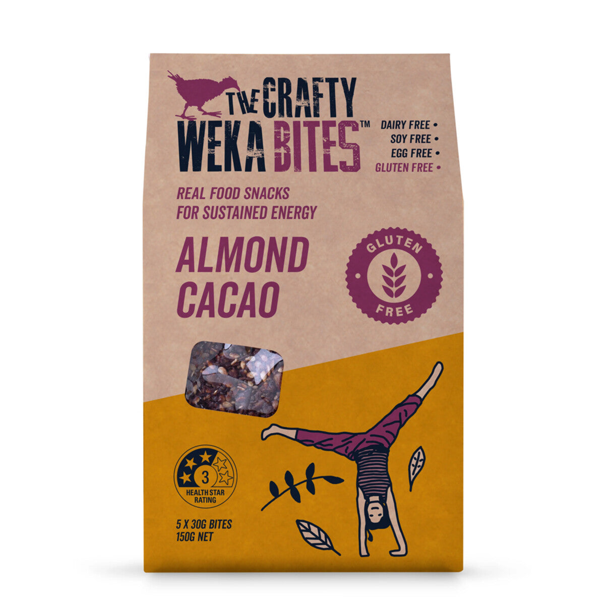 The Crafty Weka - Almond & Cacao Pouch - Gluten Free 5x 30g bite-sized bars 150g