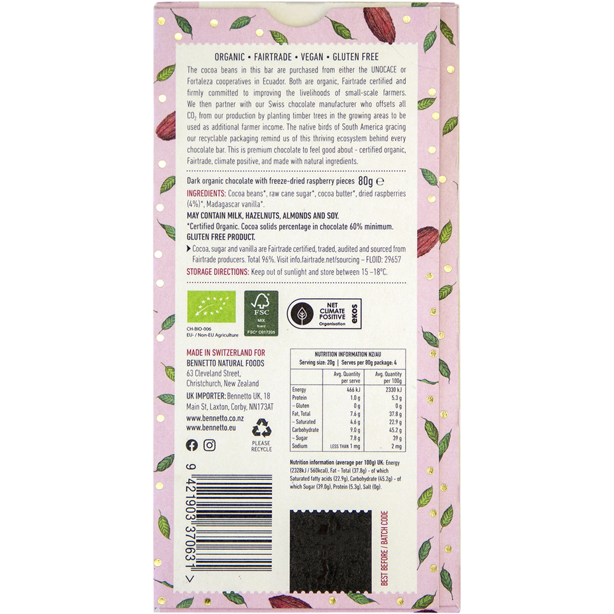 Bennetto - Organic Dark Chocolate Raspberries In Dark 80g