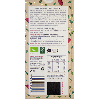 Bennetto - Organic Dark Chocolate Toasted Hazelnut 80g