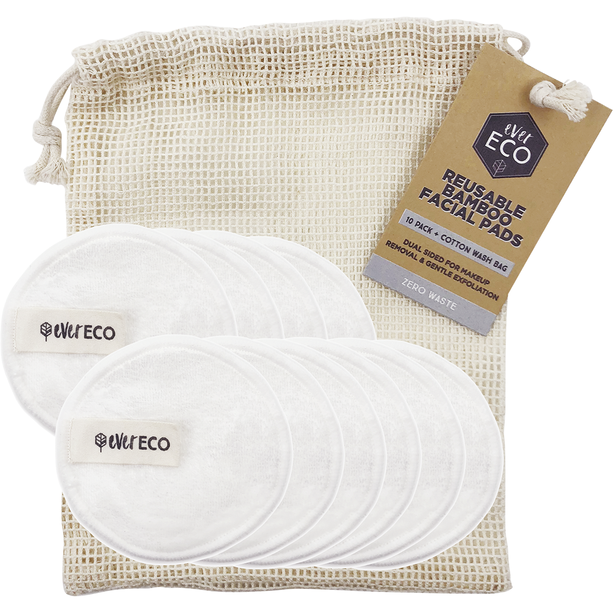 Ever Eco - Reusable Bamboo Facial Pads White with Cotton Wash Bag 10pk