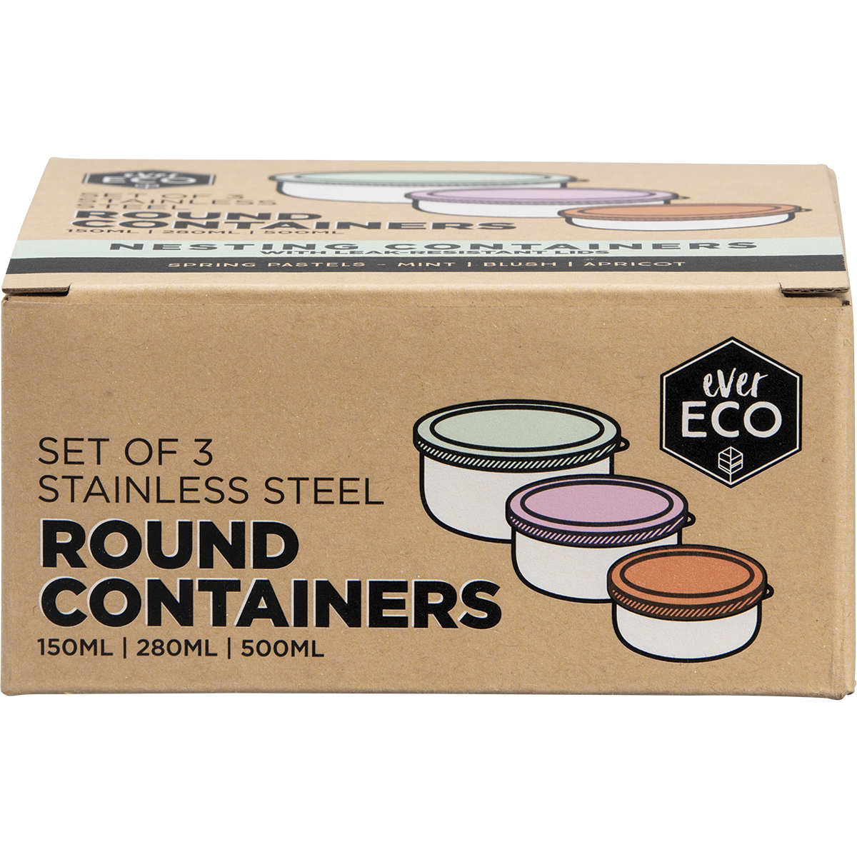Ever Eco - Stainless Steel Round Nesting Containers Spring Pastels 3pk